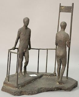 Modernist bronze sculpture of two figures along a railing signed Brody?, ht. 18", lg. 16"