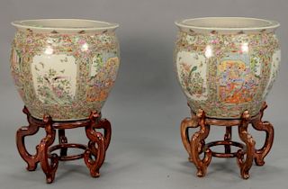 Pair of large Rose Famille fish bowls on stands, bowl ht. 21", dia. 22 1/2".