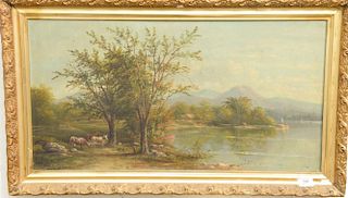 E. Stover oil on canvas primitive lake landscape signed lower left E. Stover. 16" x 20"