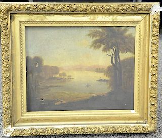 Two framed 18th/19th century oil on canvas primitive landscapes including large one of hunting in the marsh with two dogs (25" x 30"...