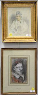 Three framed small portraits including two Circle of Hercules Brabazon Brabazon (1821-0906) portraits and a pencil with watercolor h...