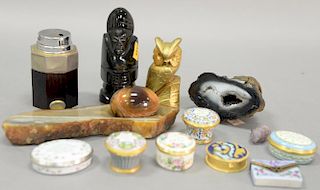 Tray lot to include Bonwit teller, Gucci lighter, 7 enameled and porcelain boxes, and three polished stone.