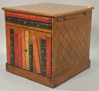 Contemporary filing cabinet with two drawers and faux book front with leather top. (ht 22 1/2", top: 21 1/2" by 22 1/2")