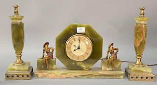 Art Deco Whitehall Hammond Deco three piece clock set having green onyx octagon clock flanked by women on each side. ht. 10 1/2", lg...