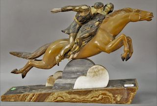 Art Deco alabaster sculpture of a leaping horse with two figures mounted on an alabaster base, ht. 17", lg. 26".