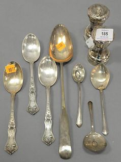 Group of seven sterling silver serving flatware pieces and a pair of sterling weighted salt and pepper grinders, 11.1 t oz weighable...