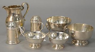 Group of sterling silver to include a pair of salt and peppers, master salts, and Crighton small silver creamer, 12 t oz.