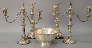 Five silver plated pieces including pair of candelabra, pair of tall candlesticks (ht. 14 1/2", and footed bowl (dia. 10").