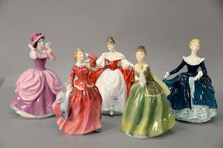 Group of five Royal Doulton figures including Blithe Morning, Fleur, Janine, Lady Pamela, and Sara. ht. 7 1/2" - 8 1/2"
