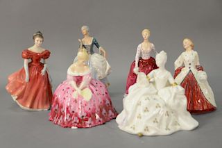 Group of five Royal Doulton figures to include Victoria, Antoinette, Fiona, Winsome, and The Ermine Coat along with a Royal Dux figu...