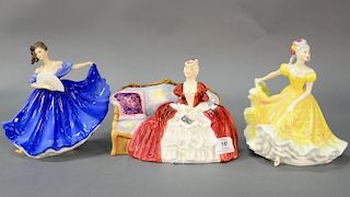 Group of three Royal Doulton figures including Elaine, Belle O' the Ball, and Ninette. ht. 5 1/2" - 7 1/4"