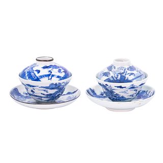 A pair of blue and white porcelain tea sets | ชุดถ้วยชามีฝาปิดกระเบื้องเคลือบน้ำเงินขาว 2 ชุด