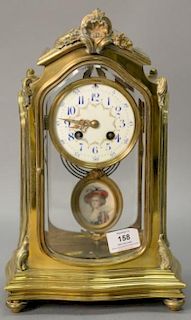 L. Marti French brass and glass regulator clock with hand painted porcelain dial and portrait pendulum, works marked L. Marti 1889 m...