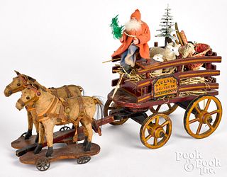 Painted wood horse drawn pull toy wagon