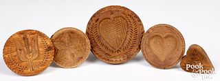 Five carved butterprints, 19th c.