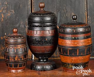 Three Pennsylvania turned and painted tobacco jars
