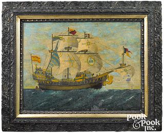 Galleon ship portrait painted on tin
