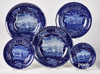 Four Historical Blue Staffordshire plates and bowl
