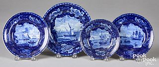 Four Historical Blue Staffordshire nautical plates