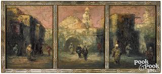 Leonid Gechtoff oil on board village triptych