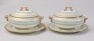 Pair of English Porcelain Sauce Tureens, Covers and Stands