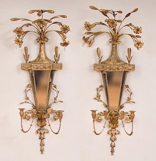 Pair of Italian Giltwood Two-Light Mirrored Wall Sconces