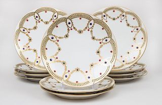 Set of Eleven Dresden "Jeweled" Enamel Porcelain Plates