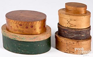 Stack of six Shaker finger jointed oval band boxes