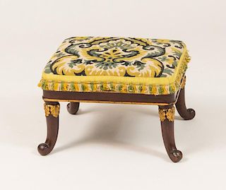 Victorian Mahogany and Parcel-Gilt Foot Stool with Needlework Cushion