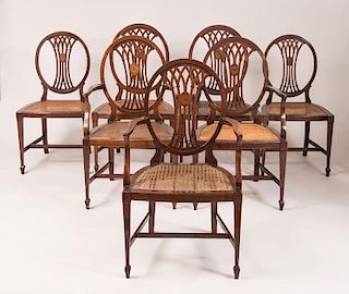 Set of Seven George III Style Inlaid Mahogany and Caned Dining Chairs