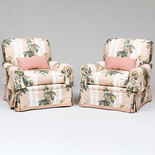 Pair of Large Floral Cotton Upholstered Club Chairs
