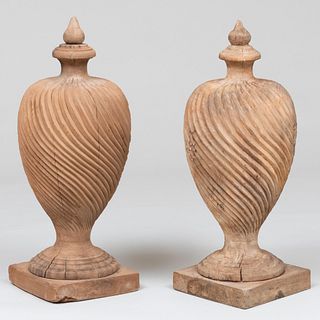 Pair of Spiral Carved Wood Architectural Finials