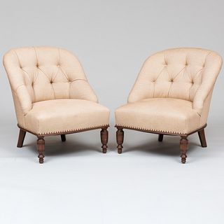 Pair of Victorian Style Stained Oak and Tufted Upholstered Slipper Chairs