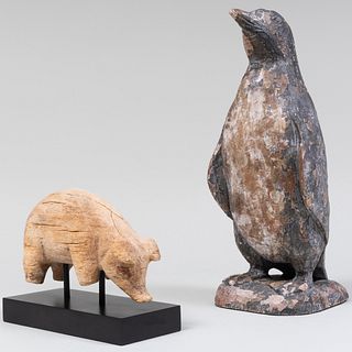 Wood Folk Art Figures of a Penguin and Pig