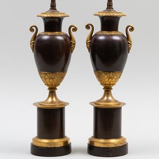 Pair of Charles X Style Gilt-Metal Mounted and Patinated Metal Ovoid Form Vases 