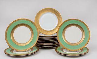 Set of Twelve Selb Bavarian Gold-Embossed Porcelain Service Plates and Six Gordon Belleek Gold-Embossed Plates