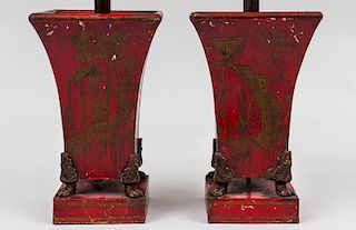Pair of Charles X Style Red-Ground Tôle Peinte Angular Beaker-Form Lamps