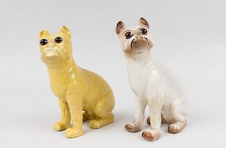 Yellow-Glazed Pottery Figure of a Seated Pug Dog and a Cream-Glazed Figure of a Dog