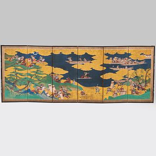Japanese Six Panel Screen of Heike, Battle of Yashima