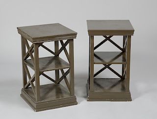 Pair of Green Painted Three-Tier End Tables