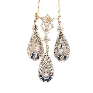 Early Art Deco 18k Platinum Diamond Sapphire Necklace