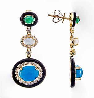 14k Diamond Turquoise Emerald Drop Earrings
