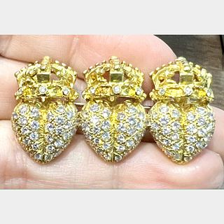 18K Yellow 3 Hearts Gold Diamond Brooch
