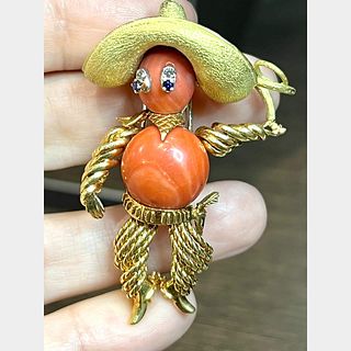 18K Yellow Gold & Coral Brooch