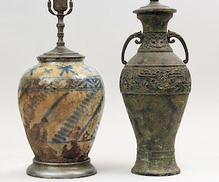 Turkish Pottery Jar, Mounted as a Lamp, and a Chinese Archaic Style Bronze-Patinated Metal Lamp