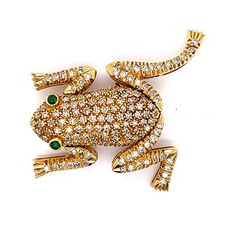 18K Yellow Gold Diamond & Emerald Frog Brooch
