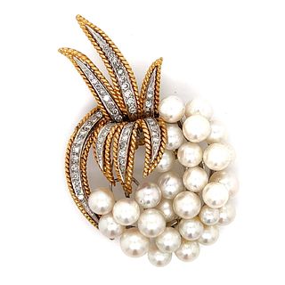 18K Yellow Gold Pearl and Diamond Brooch