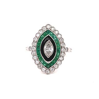 Platinum Diamond Emerald Enamel Marquise Shaped Ring