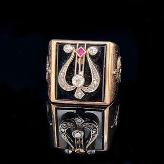 Art Deco 18k Lira Music Onyx Ring