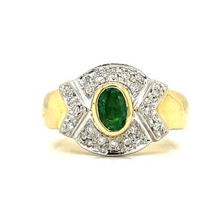 18k 2 Tone Emerald Diamond Ring
